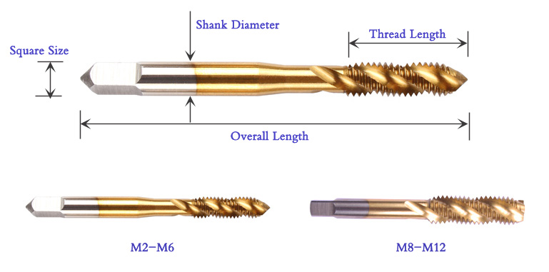 Left Hand Thread Spiral Flute Taps, Thread Size M2-M12